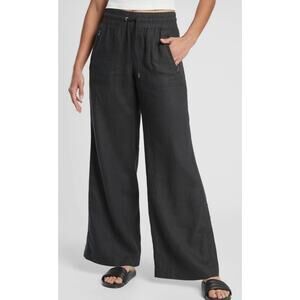 Athleta Cabo Wide Leg 100% Linen Pants Womens 4 Black Pull On Zip Pockets Casual